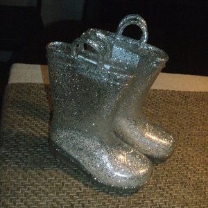 Silver Glittery Clear Rain Boots Pull On Plastic Waterproof Toddler Girl size 8